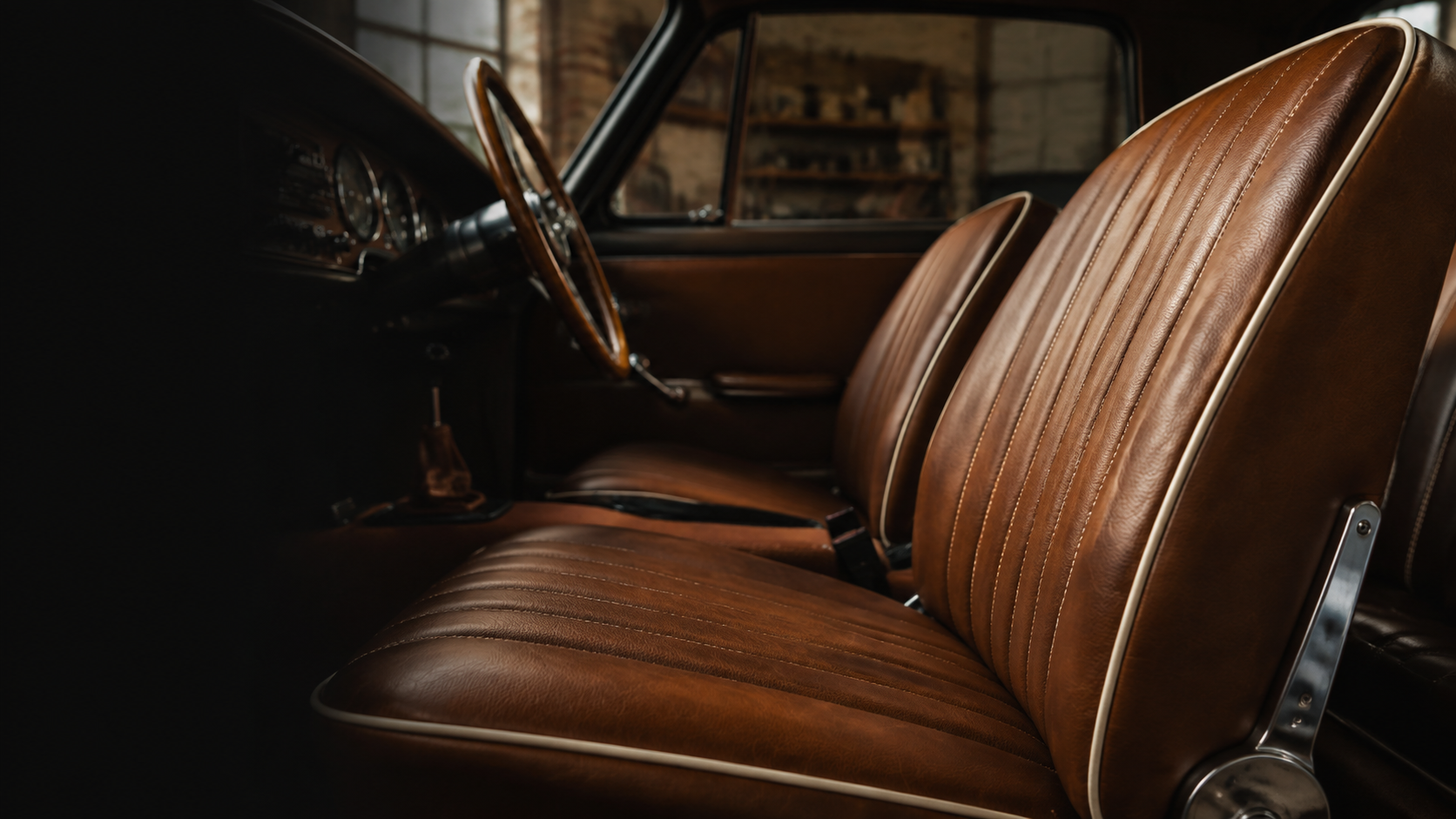 Restored classic car interior in saddle leather, created as a concept visual
